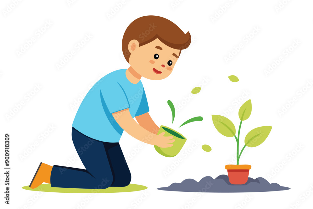 boy planting seeds line with vector illustration on white background boy planting seeds line with vector illustration on white background