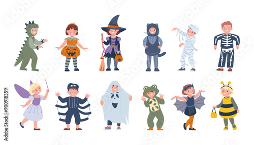 Children in halloween costumes. Funny little kids wear festival costume. Scary carnival clothes for child, cute toddlers kicky vector characters