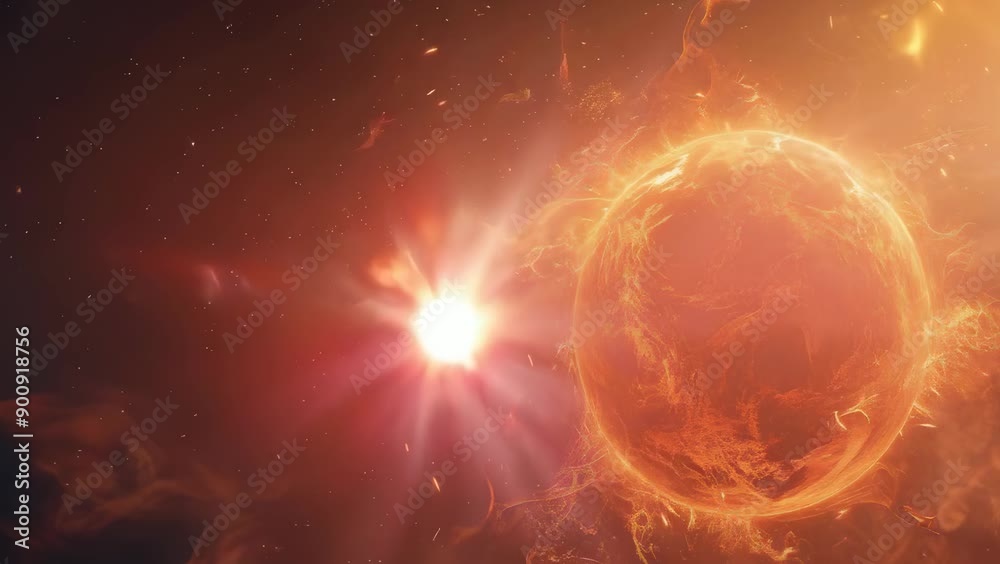 The image captures a vivid and intense close-up of the sun's surface, showcasing fiery solar flares and brilliant bursts of orange light. The powerful energy radiates phenomenally in space.