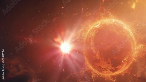 The image captures a vivid and intense close-up of the sun's surface, showcasing fiery solar flares and brilliant bursts of orange light. The powerful energy radiates phenomenally in space. photo