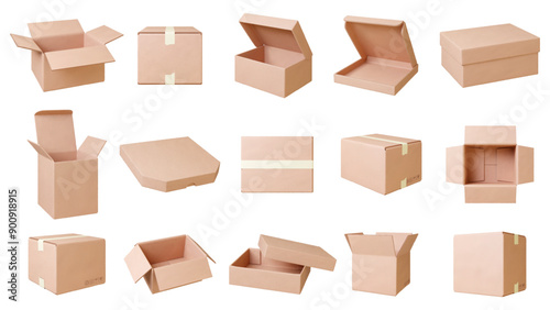 Cardboard boxes mockup. Delivery service box, parcel or things for moving paper packages. Food take away, pizza packs, pithy realistic 3d vector set