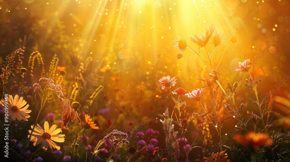 Fototapeta premium Sunlit Meadow with Flowers
