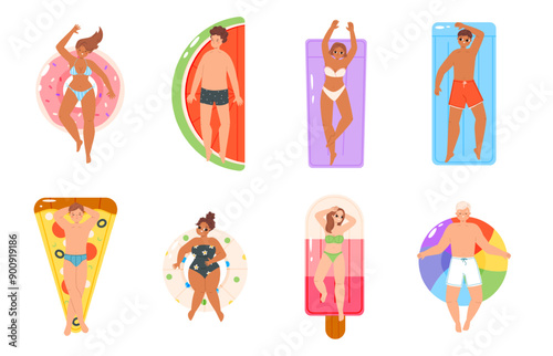People on inflatable toys. Cute adults sunbathing on rubber mattresses and rings. Pizza slice donut ice cream watermelon. Vacations snugly vector set