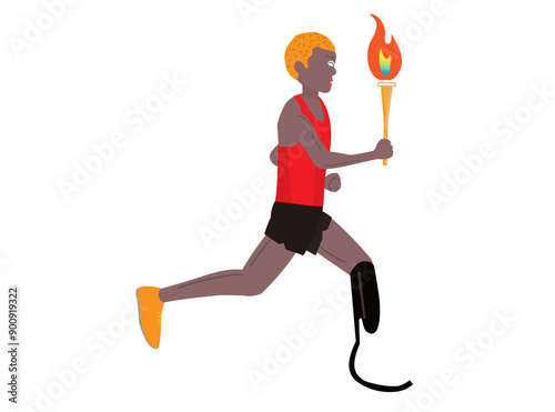 トーチを持って走る義足のランナー。