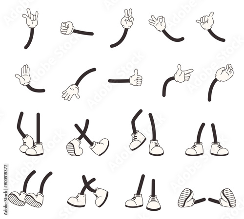 Comic feets and hands. Cartoon animation retro style. Hand in gloves, foot in boots. Legs walking jumping running, various positions snugly vector set