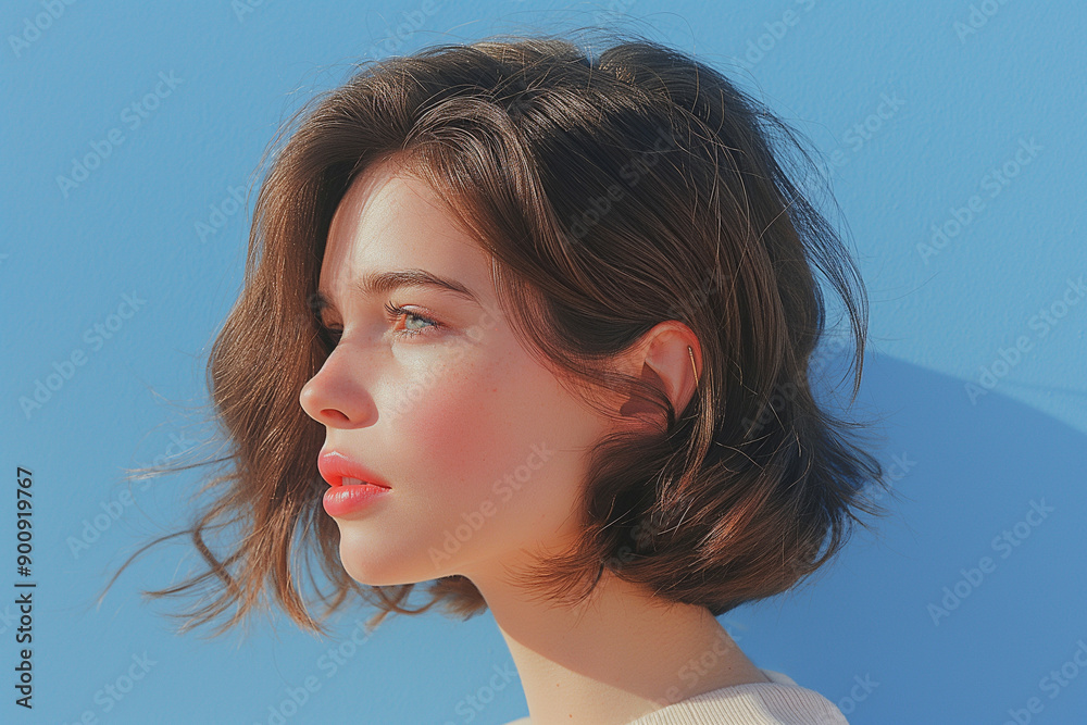 A beautiful young woman with short light brown hair is captured in a side profile, gazing thoughtfully into the distance. Her striking blue eyes and full lips stand out against a light blue background A beautiful young woman with short light brown hair is captured in a side profile, gazing thoughtfully into the distance. Her striking blue eyes and full lips stand out against a light blue background