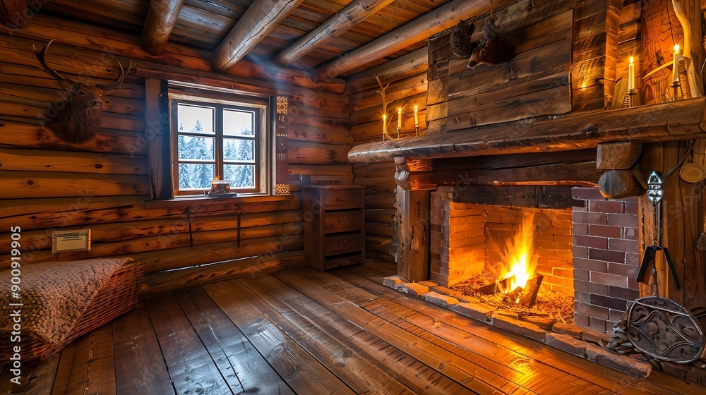 wooden cabin interior fire place : Generative AI wooden cabin interior fire place : Generative AI