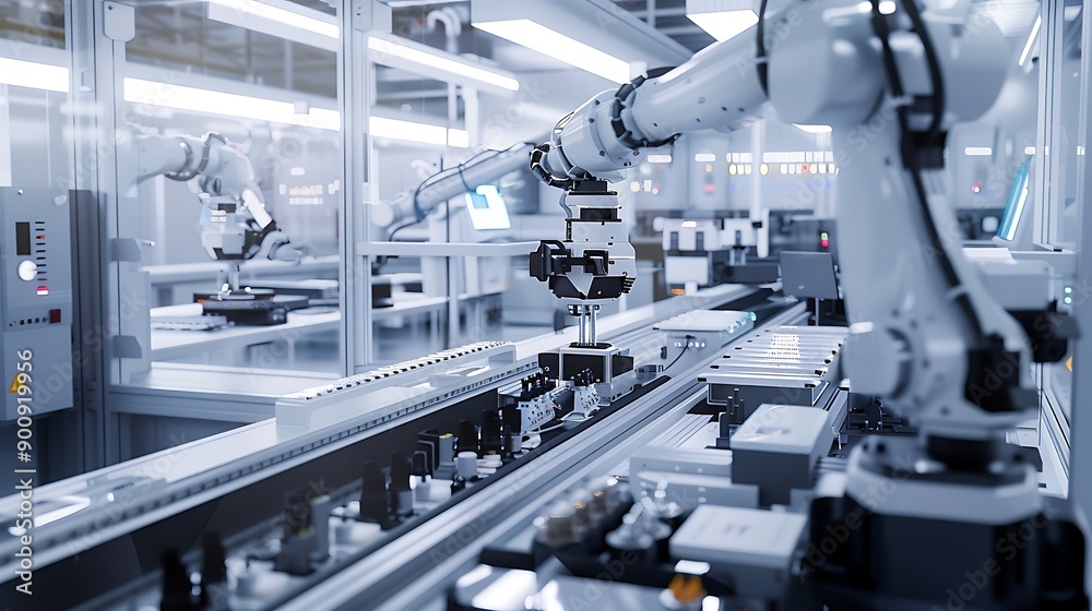 Industrial Robot Arm Assembling Components on a Conveyor Belt Industrial Robot Arm Assembling Components on a Conveyor Belt