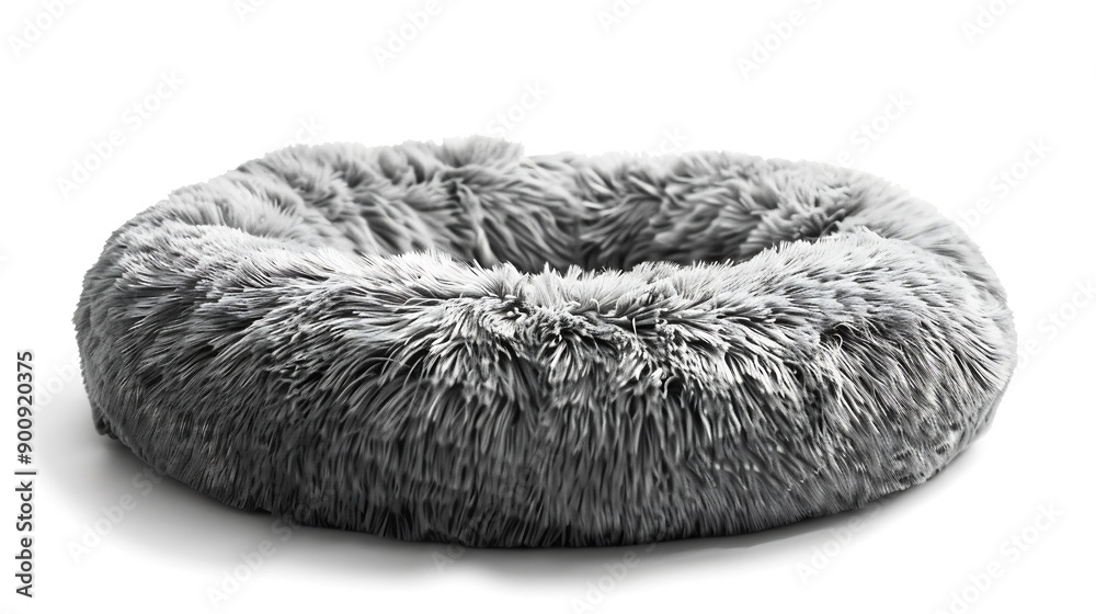 Grey soft round plush pet bed isolated on white : Generative AI Grey soft round plush pet bed isolated on white : Generative AI