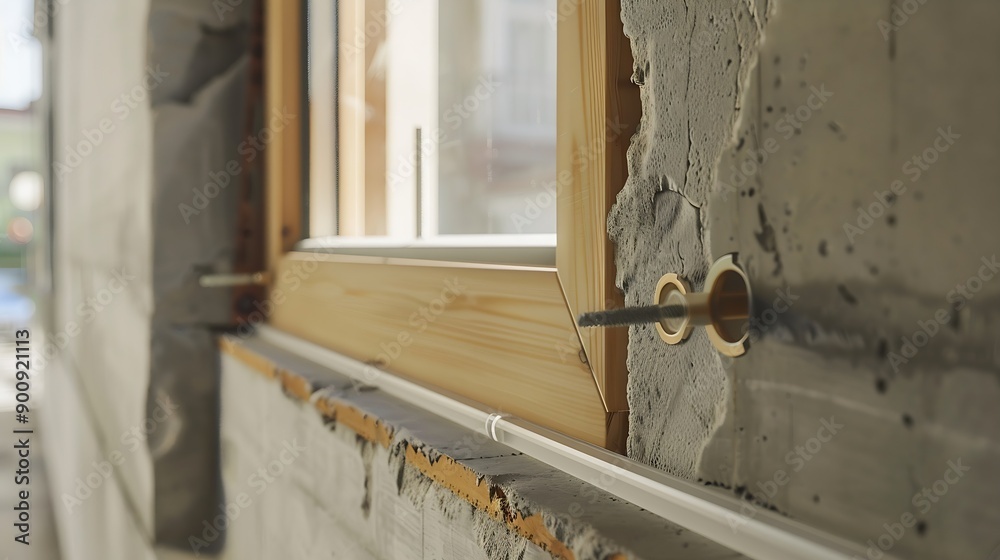 Obraz premium Demonstration of technology for building a house in the future using 3D printing section of fastening the window frame to the wall of the house : Generative AI