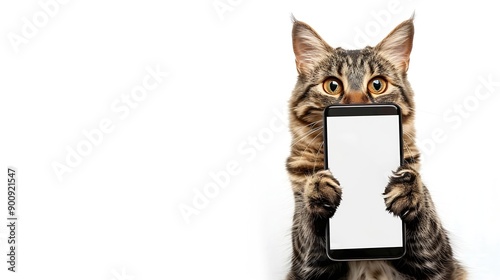 Happy cat holds big smartphone with white blank screen in it paw showing close to camera isolated on white background : Generative AI