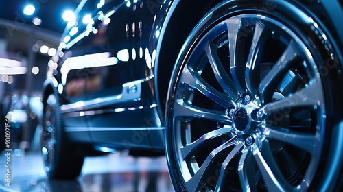 Close-up of a Black Car Wheel in a Showroom