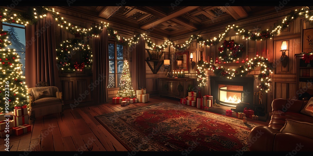 Fototapeta premium Christmas decorated lights in the night at home