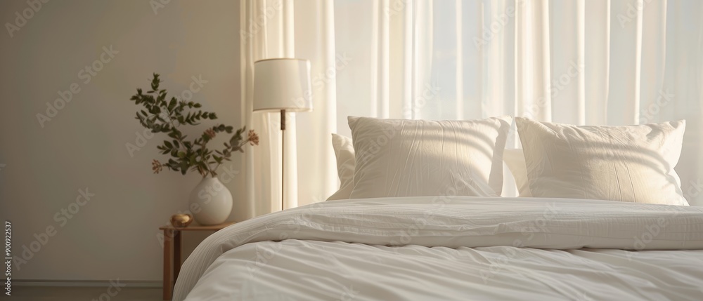 Plush bed with soft linens in a cozy bedroom, surrounded by serene decor, embodying relaxing home design