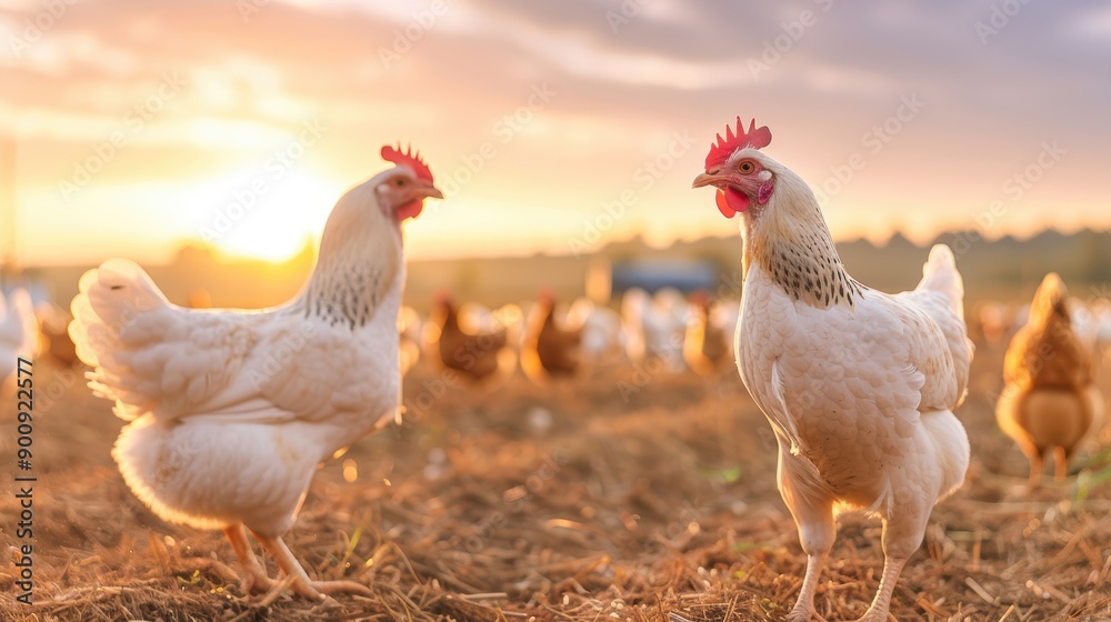 Fototapeta premium Panoramic sunrise over a free-range chicken farm, with chickens roaming freely, stunning sky in the background