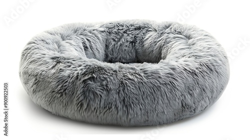 Grey soft round plush pet bed isolated on white : Generative AI