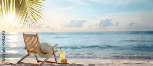 Fototapeta Naklejka Na Ścianę i Meble -  Peaceful tropical beach scene, chair under a palm tree, sun hat and lemonade on a side table, ultimate summer relaxation