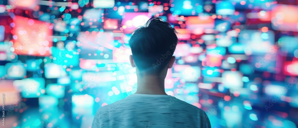 Individual encircled by overlapping screens with social media, news, and messages, illustrating digital information overload, vibrant visuals Individual encircled by overlapping screens with social media, news, and messages, illustrating digital information overload, vibrant visuals
