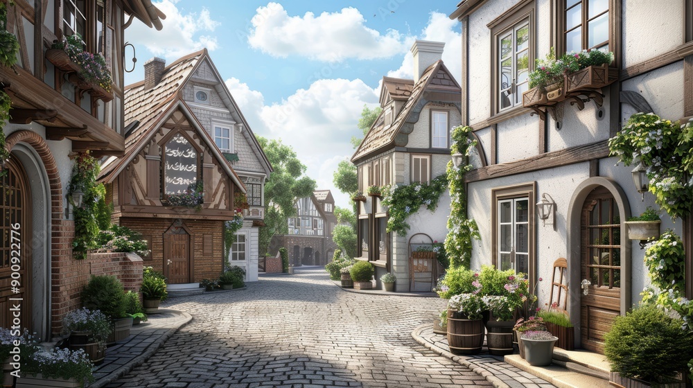 Fototapeta premium Idyllic village scene with a cobblestone road, quaint shops, and elegant European buildings, peaceful and charming