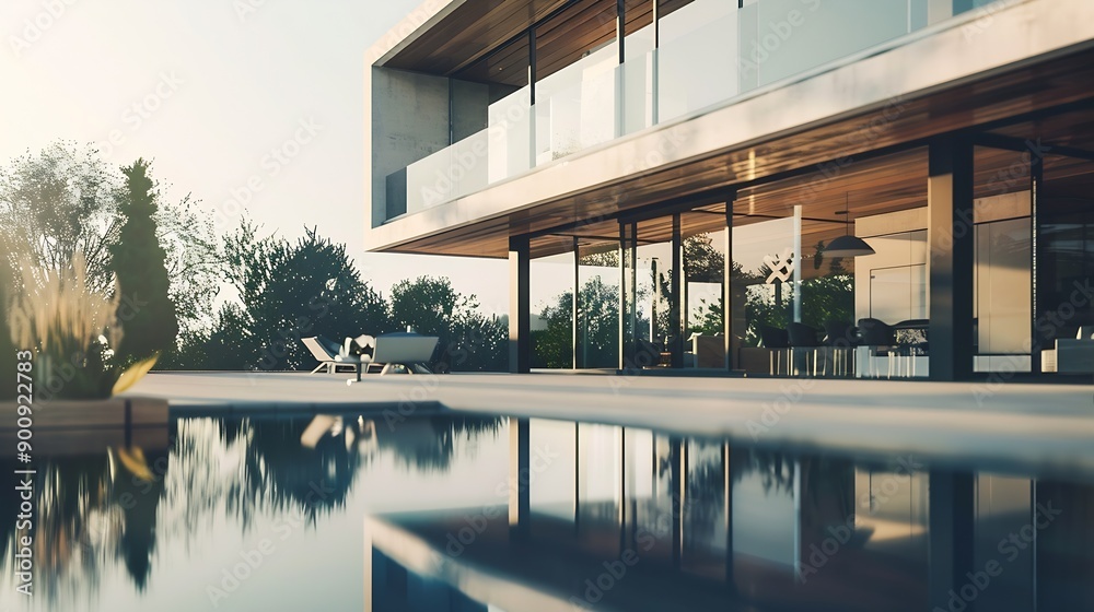 Fototapeta premium A modern house embodies the essence of contemporary architecture and lifestyle designed with a focus on simplicity efficiency and elegance It features clean lines open floor plans and : Generative AI