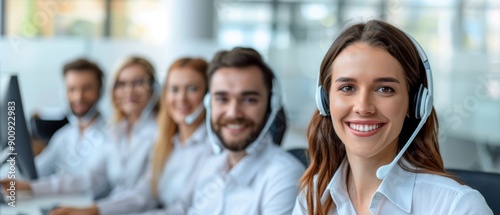 Enthusiastic call center team with big smiles, highlighting a strong commitment to customer service photo