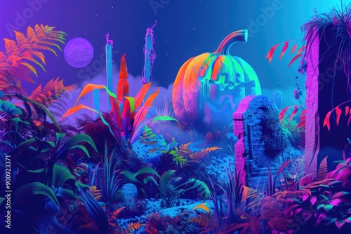 Fluorescent pumpkin in a graveyard surrounded by glowing plants under moonlight with cyberpunk aesthetic and vibrant colors