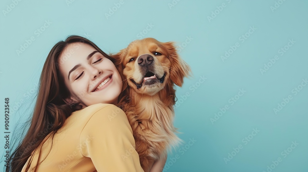 Young smiling happy cheerful owner woman with her best friend retriever wear casual clothes cuddle hug dog close eyes isolated on plain pastel light blue background studio Take care ab : Generative AI Young smiling happy cheerful owner woman with her best friend retriever wear casual clothes cuddle hug dog close eyes isolated on plain pastel light blue background studio Take care ab : Generative AI