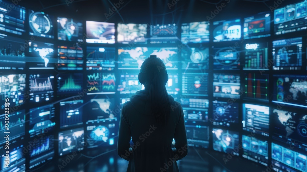 Artistic visualization of a person encircled by multiple screens displaying social media, news, and messages, digital chaos theme Artistic visualization of a person encircled by multiple screens displaying social media, news, and messages, digital chaos theme