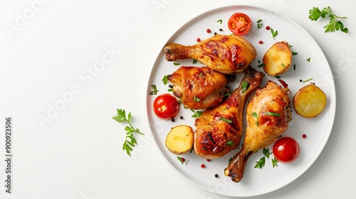 plate of baked chicken leg with potato isolated on white background top view : Generative AI