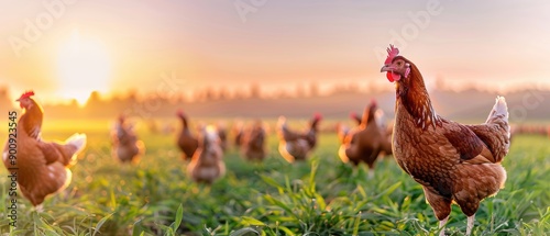 Beautiful sunrise over a free-range chicken farm, panoramic view of chickens in the field, serene sky backdrop