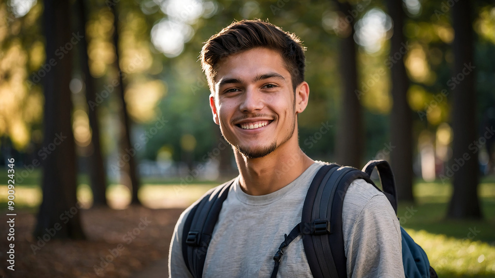 Handsome 24 year old Francis man smiling in the park with a backpack Handsome 24 year old Francis man smiling in the park with a backpack
