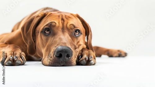 Handsome male Rhodesian Ridgeback dog laying down side ways with head and paws over edge Looking straight towards camera Isolated on a white background : Generative AI