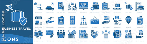 Business travel icon. Travel Booking, Airport Transfer, Hotel Reservation, Business Meetings, Flight Check in, Expense Management and Travel Itinerary