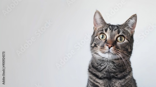 Studio portrait of tabby cat looking forward and standing against a white backdrop : Generative AI