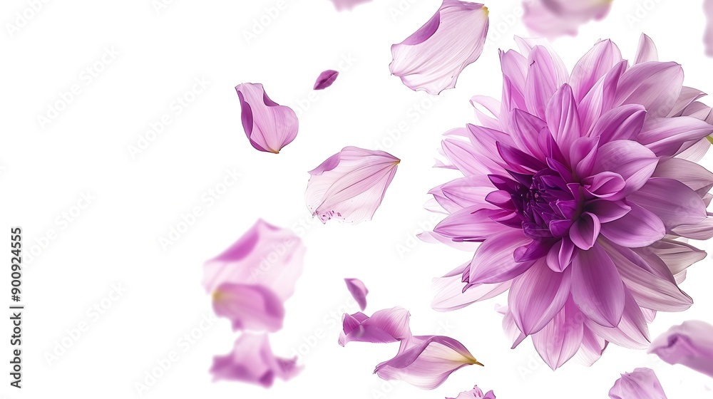 Obraz premium Beautiful fresh purple Dahlia flower falling in the air isolated on white background Levitation or zero gravity conception High resolution image : Generative AI