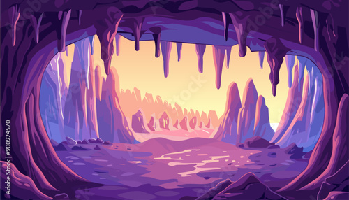 Cave with stalactites and stalagmites background. Rocks mountain scene dripping indoor stones. Bright light outside of the cave. Cartoon style vector illustration