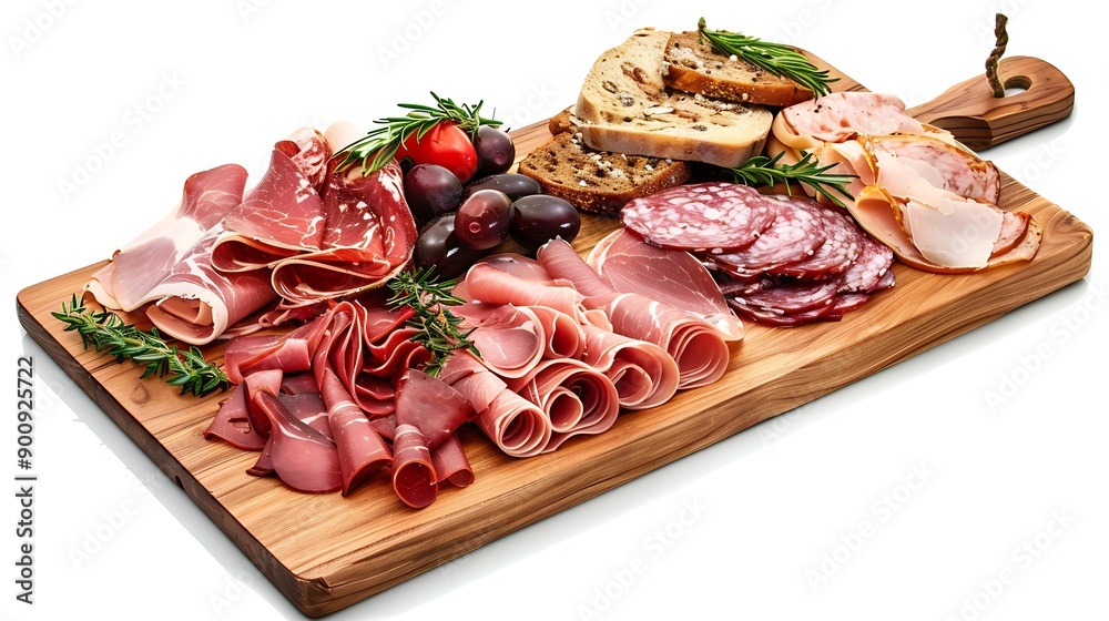 Wooden board with assortment of tasty deli meats isolated on white background : Generative AI Wooden board with assortment of tasty deli meats isolated on white background : Generative AI