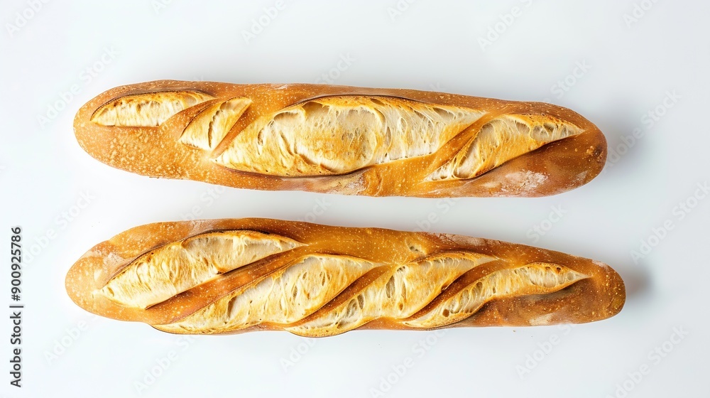 Two crispy fresh baguettes isolated on a white background : Generative AI Two crispy fresh baguettes isolated on a white background : Generative AI