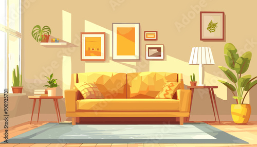 Cozy interior of living room background. Sofa with decorative pillows. Pots with green plants wall decor carpet. Bright hall modern apartment concept. Vector flat cartoon style