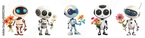Cute robot charachters holding flowers. Chat bots. Big head big eyes small body short legs and hands. Artificial intelligence concept. Isolated vector clipart collection
