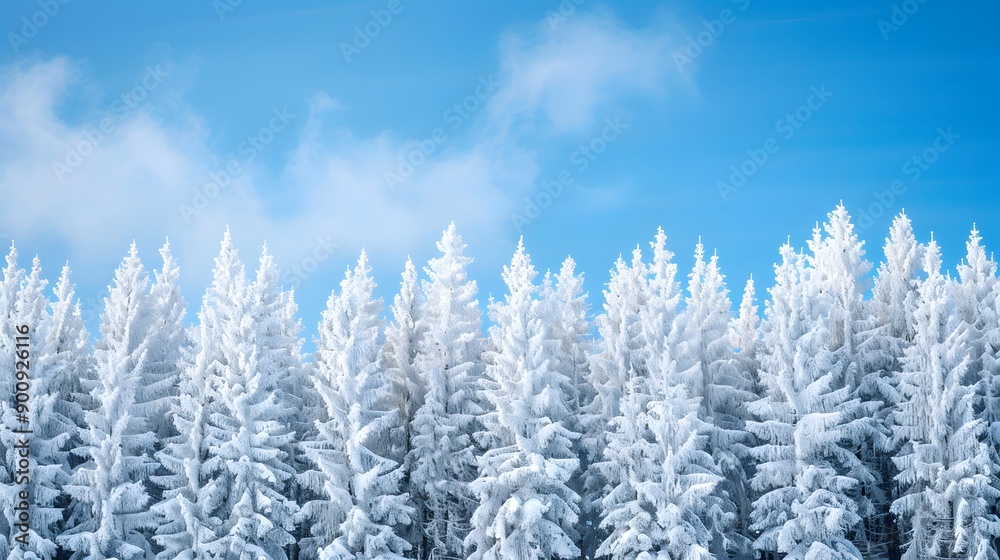 Snowy white trees from below against blue sky, winter panoramic background with copy-space. Snowy white trees from below against blue sky, winter panoramic background with copy-space.