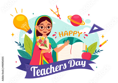 Happy Teachers Day in India Vector Illustration featuring Teacher Wearing Traditional Clothes and School Equipment in a Flat Cartoon Background