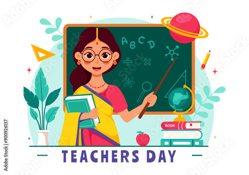 Happy Teachers Day in India Vector Illustration featuring Teacher Wearing Traditional Clothes and School Equipment in a Flat Cartoon Background
