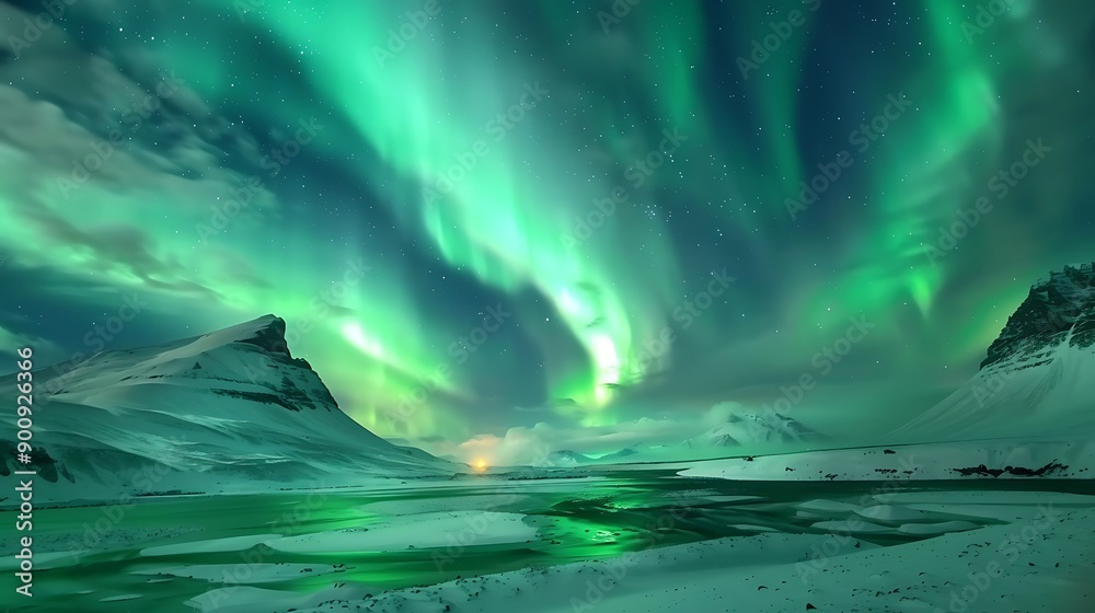 Aurora Borealis over Snowy Mountains Aurora Borealis over Snowy Mountains