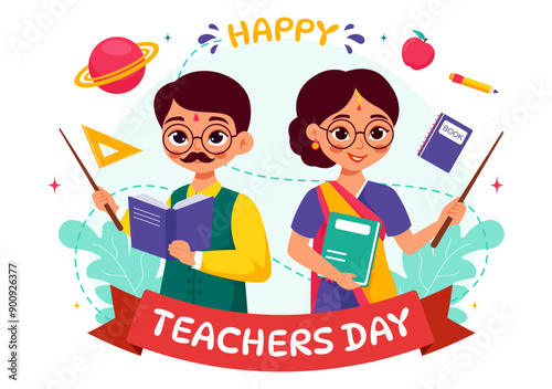 Happy Teachers Day in India Vector Illustration featuring Teacher Wearing Traditional Clothes and School Equipment in a Flat Cartoon Background
