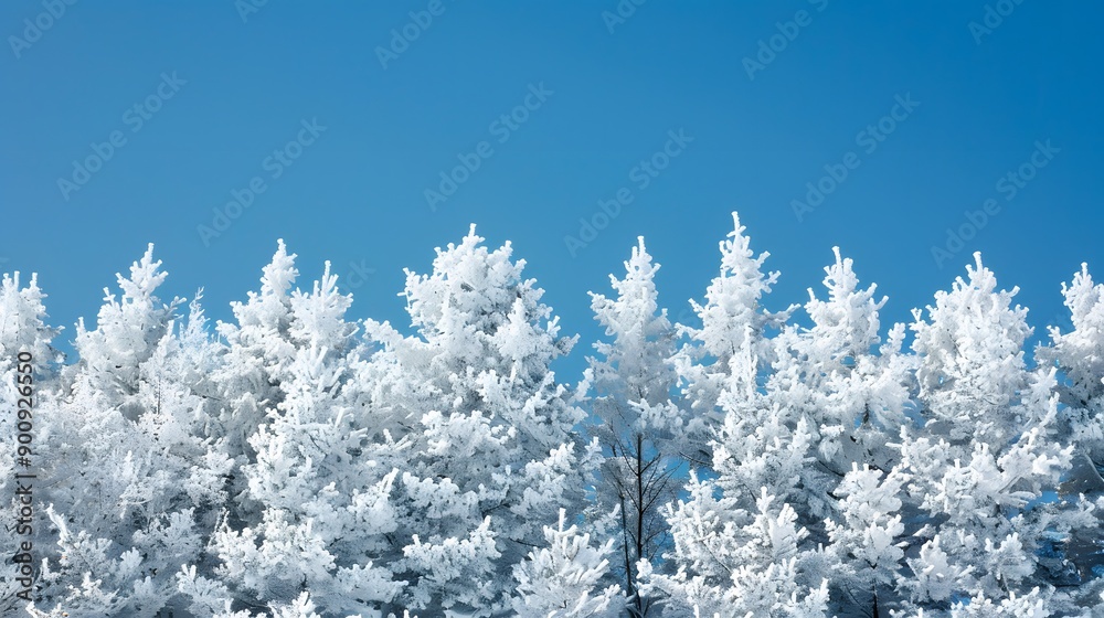 Snowy white trees from below against blue sky, winter panoramic background with copy-space. Snowy white trees from below against blue sky, winter panoramic background with copy-space.