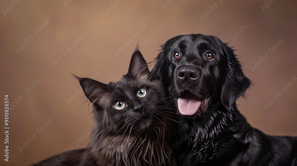 Obraz premium Closeup of a Happy panting black Labrador dog and blue maine coon cat looking at the camera isolated on Brown pastel : Generative AI