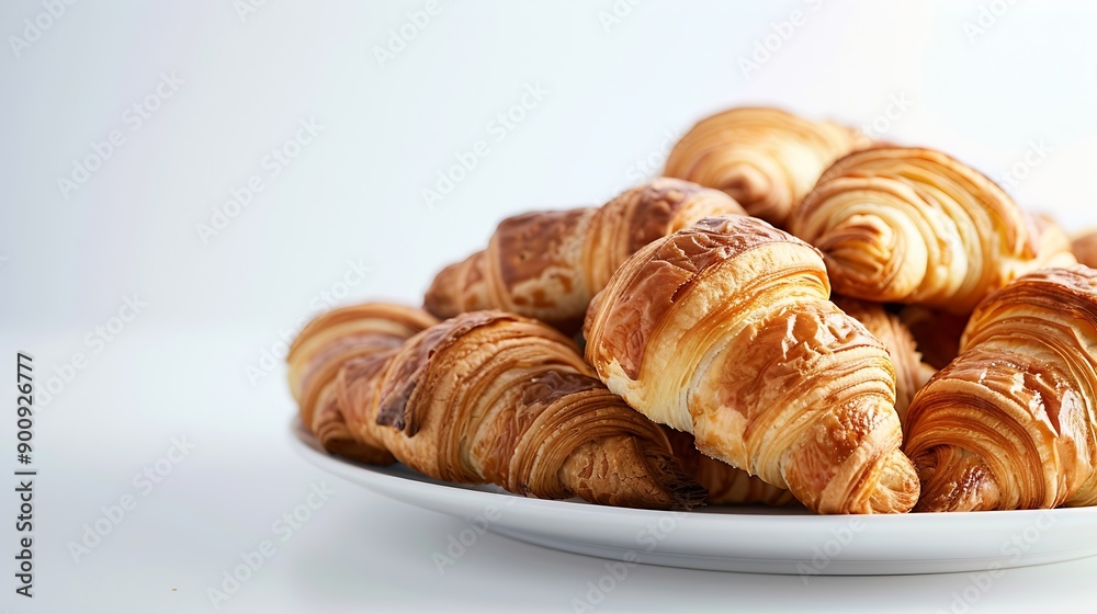 Pile of many fresh baked french croissants on white plate on white background in bright sunlight Food background : Generative AI