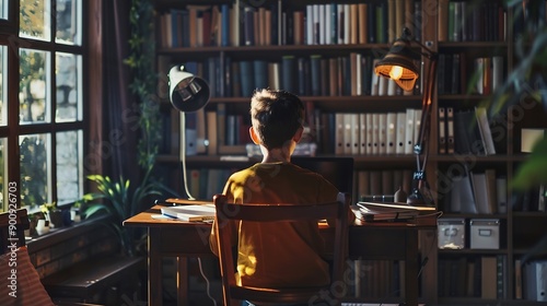 Full length back view portrait of boy doing homework at desk homeschooling concept copy space : Generative AI