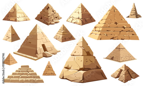 Egyptian pyramids set. big stones with cracks sandy color. Old antique architecture royal tombs. Journey and travel elements. Isolated cartoon style vector clipart collection